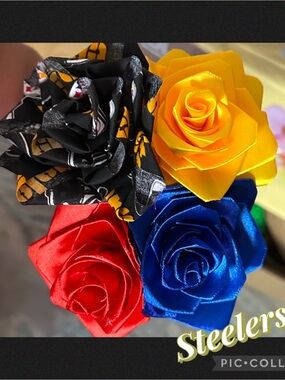 Handmade Satin Rose Bouquet - Red, Blue, Yellow, Printed Black